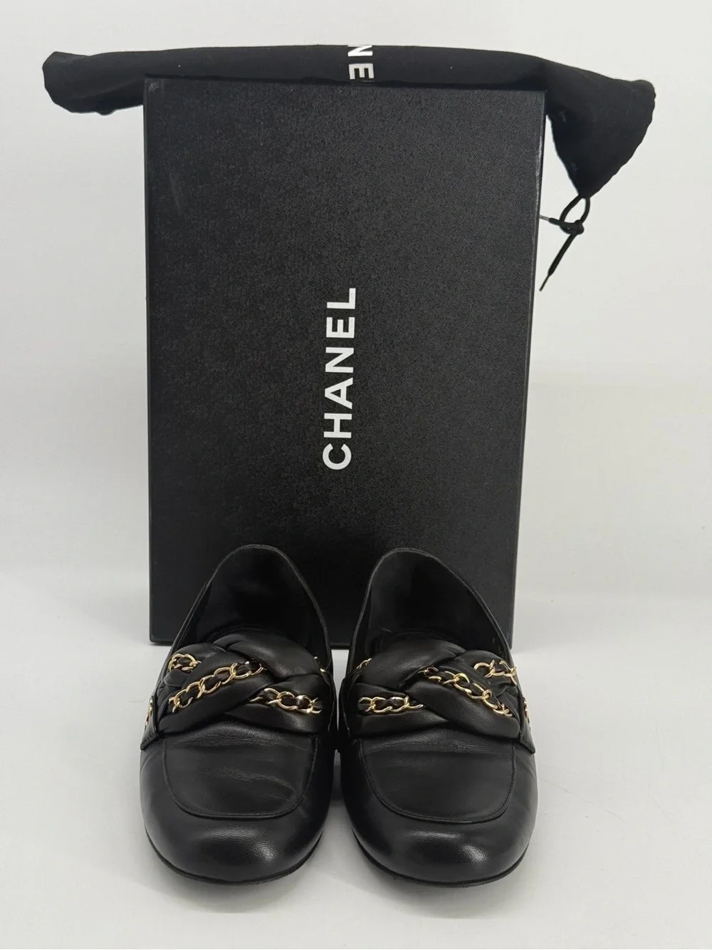 Chanel Loafers Black Leather Moccasins Size EUR 36